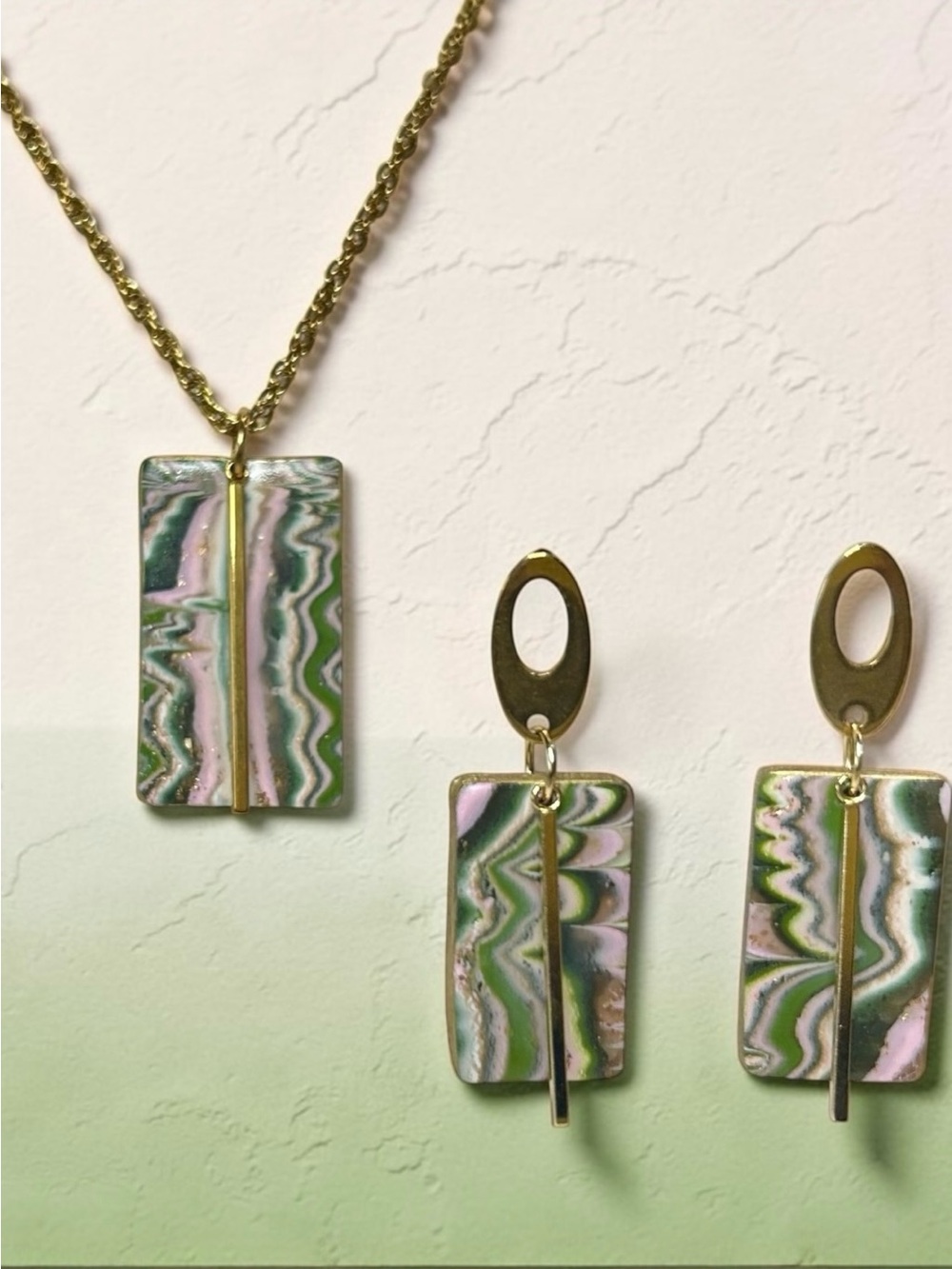 Handmade Olive Green & Pink Polymer Clay Pendant Necklace and Earring Set Cable